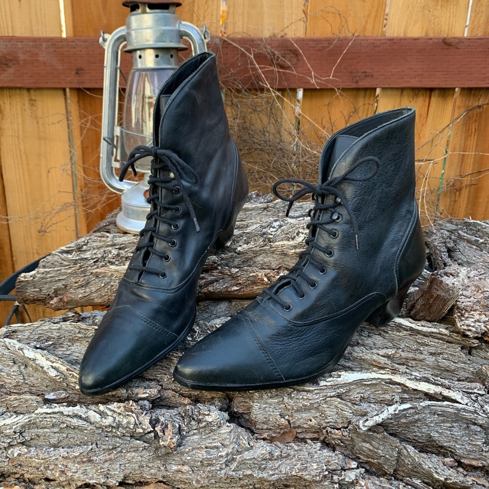Black Leather Victorian Lace Up Witch Boots